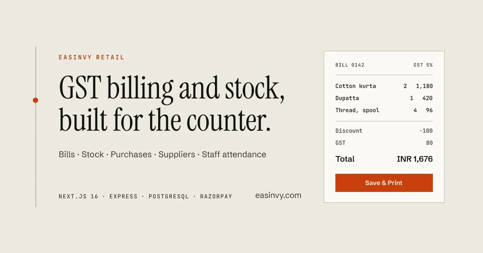 The Easinvy Retail card: 'GST billing and stock, built for the counter', beside a sample GST bill.