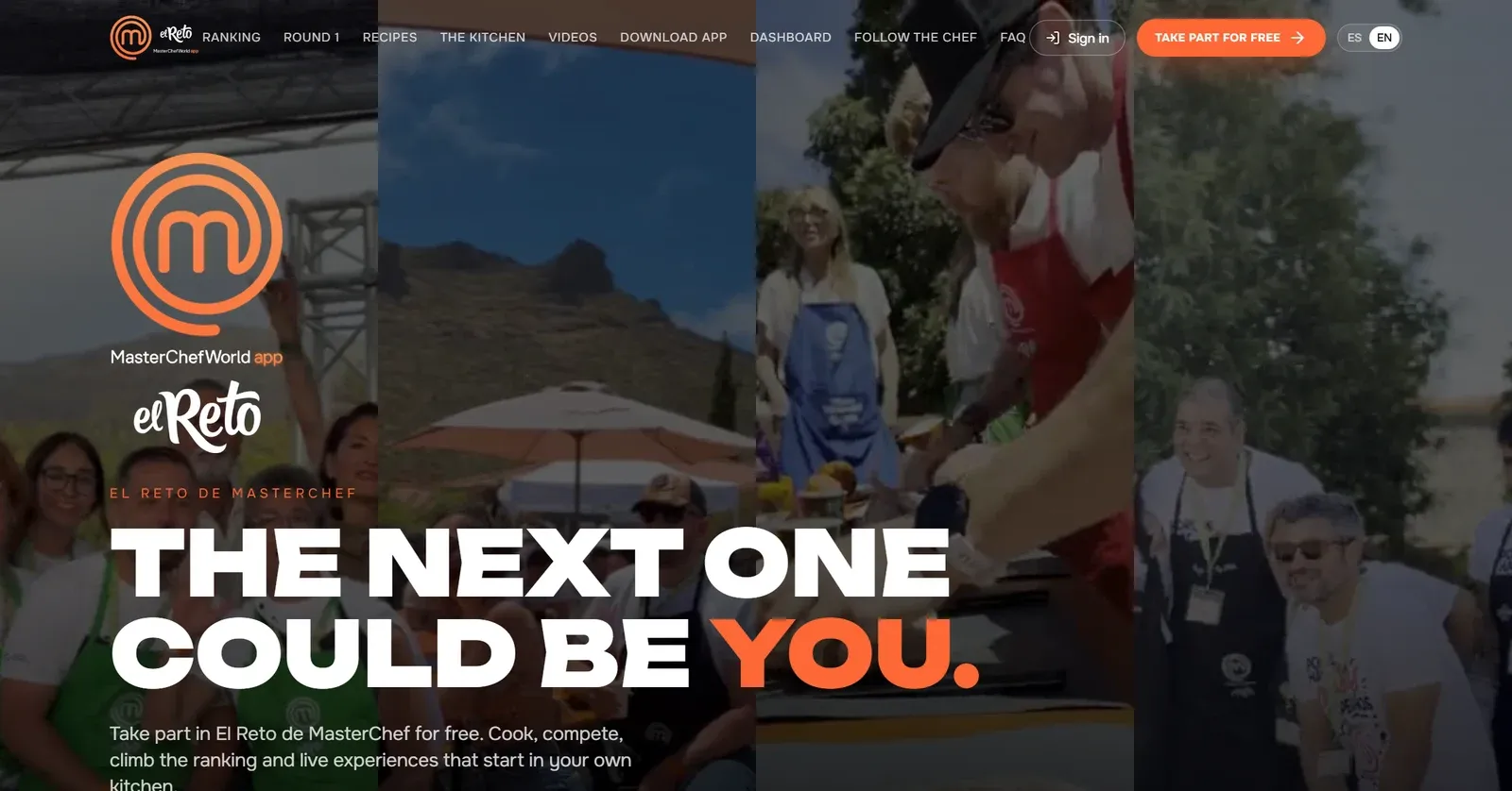 The El Reto de MasterChef homepage: 'The next one could be you.' set over photos of contestants cooking.