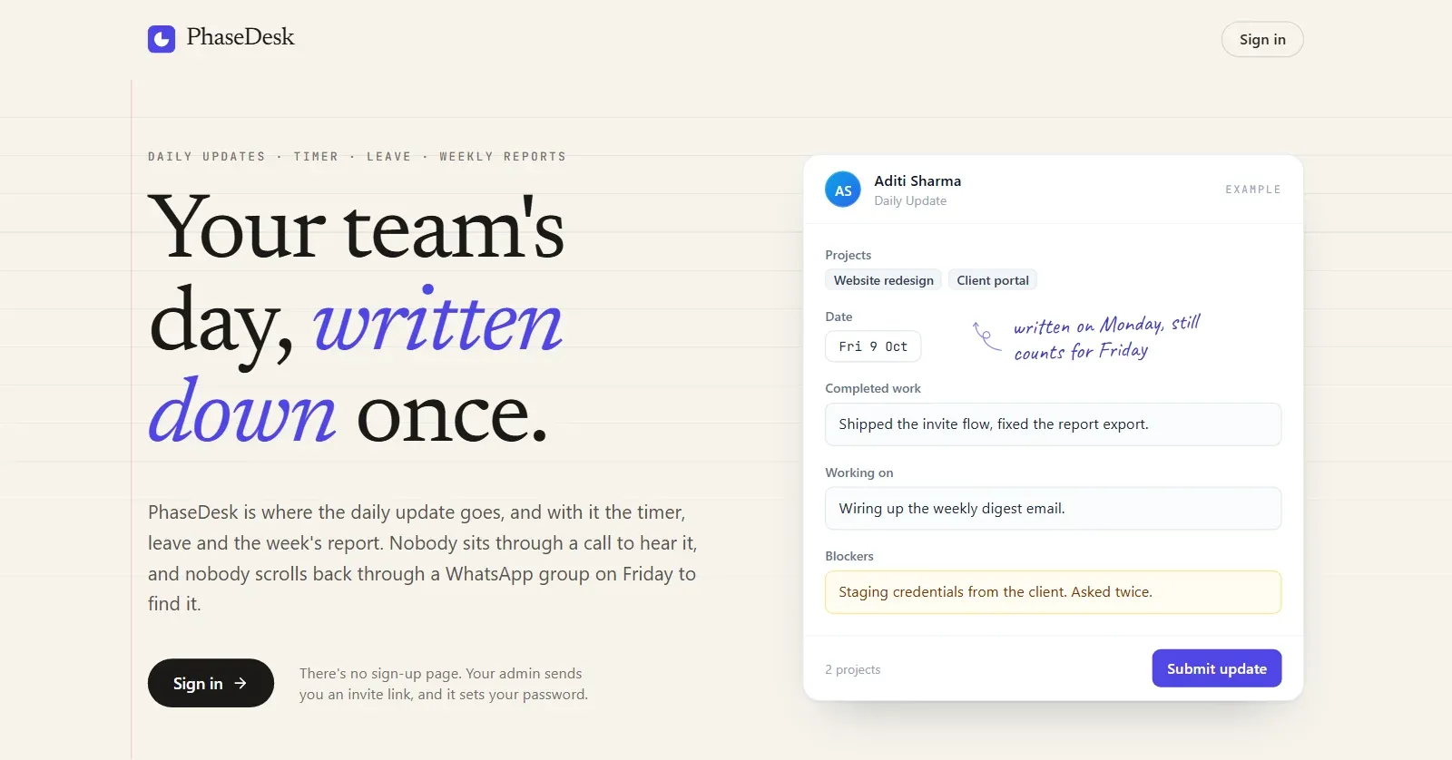 The PhaseDesk homepage: “Your team's day, written down once” beside an example daily update with completed work, work in progress and a blocker.